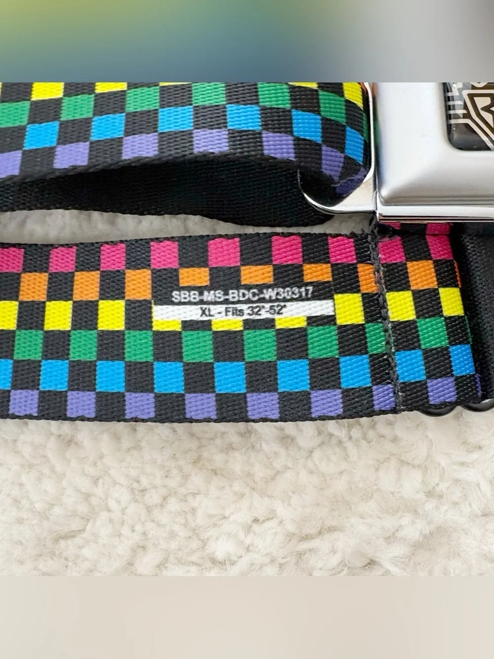 Buckle-Down Rainbow Checkered Seatbelt Adjustable Belt XL 32-52”